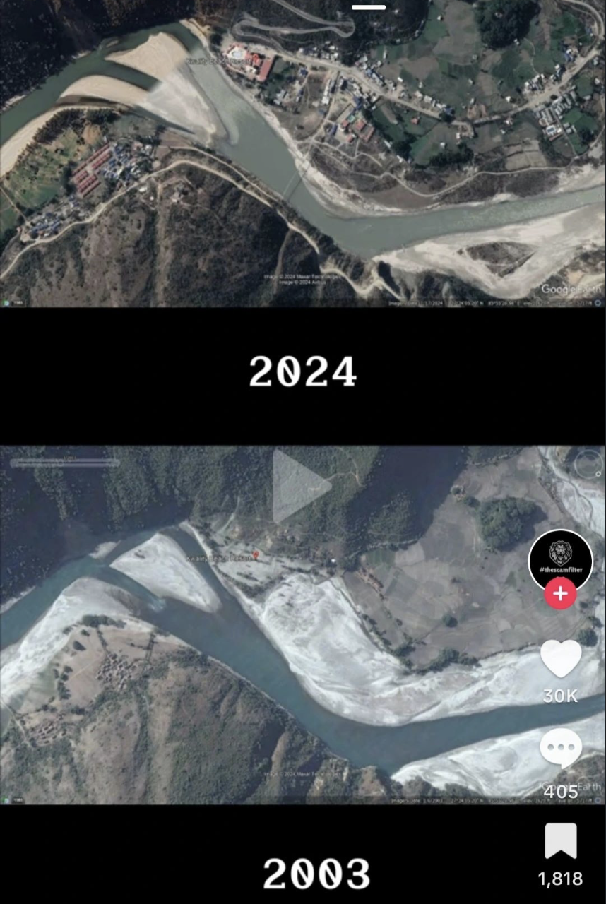 How the floodplain of the Sun Kosi at Mulkot, downstream from the Rosi, has been overbuilt between 2003 and 2024. The resort was swept away, as was a part of the highway.