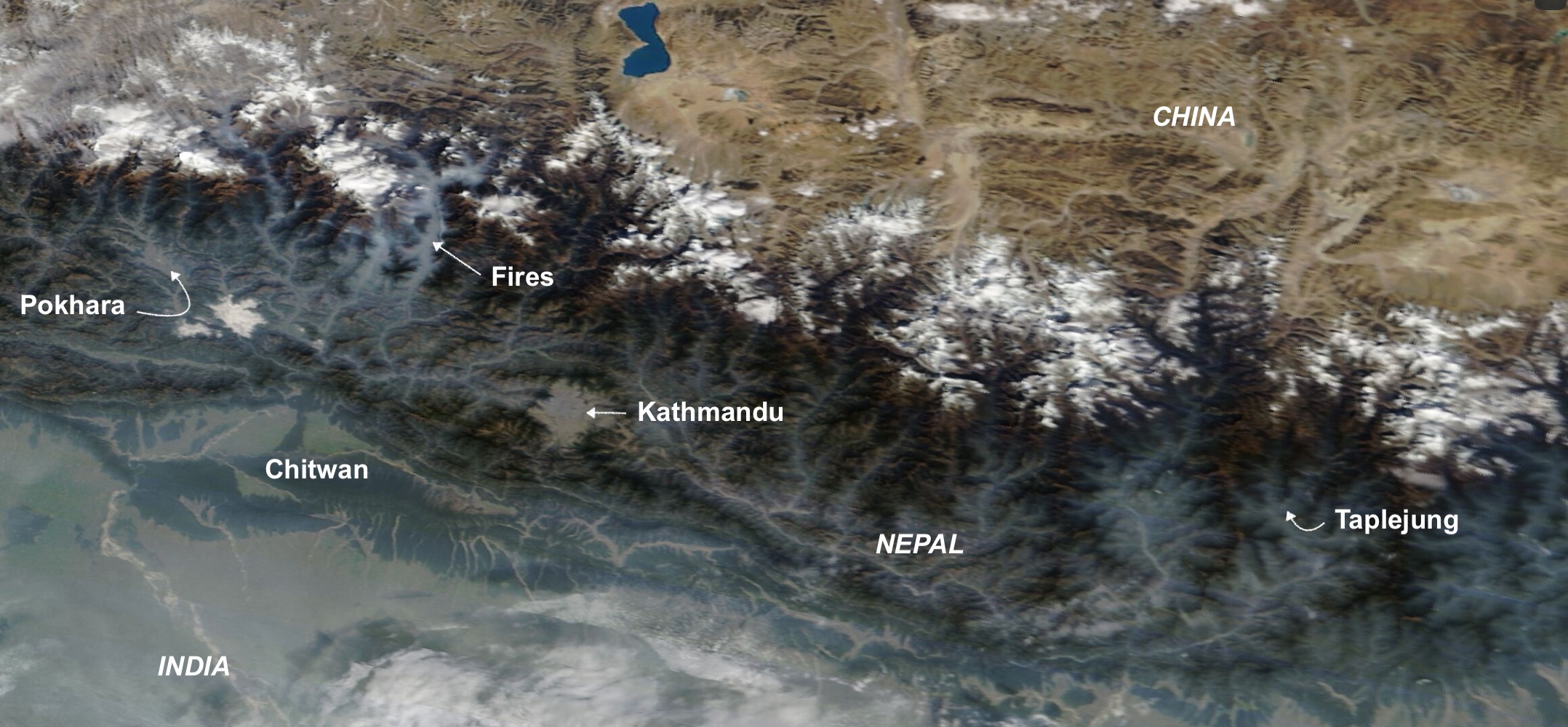 NASA Worldview image of Nepal wildfires