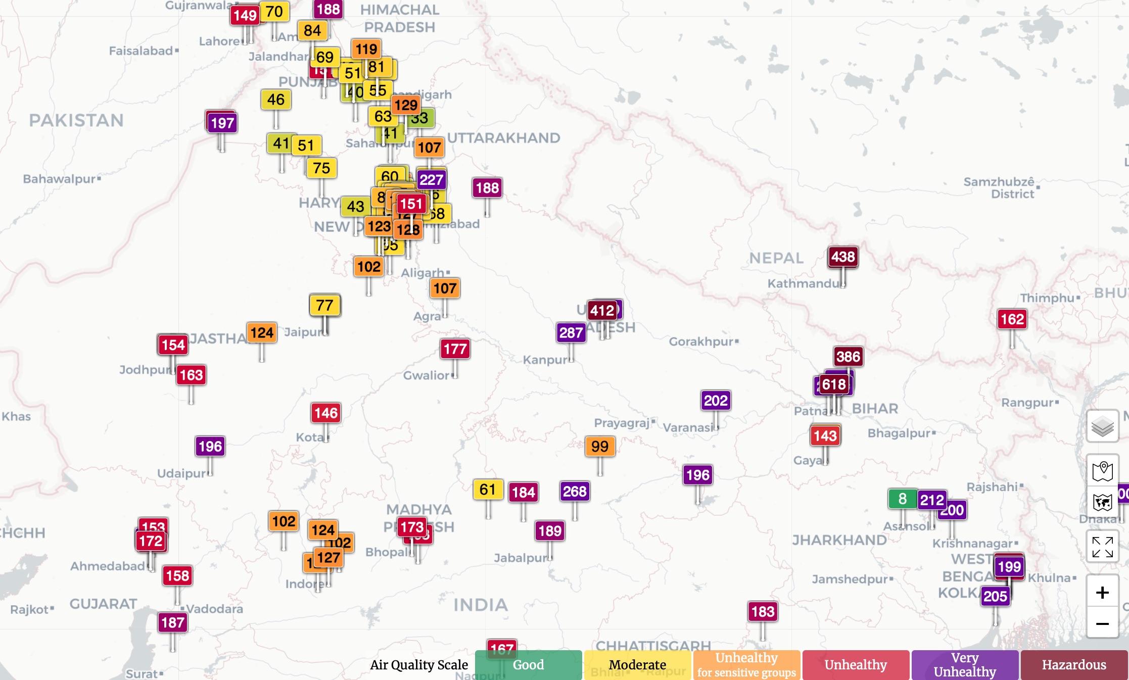 New Delhi and Kathmandu AQI levels