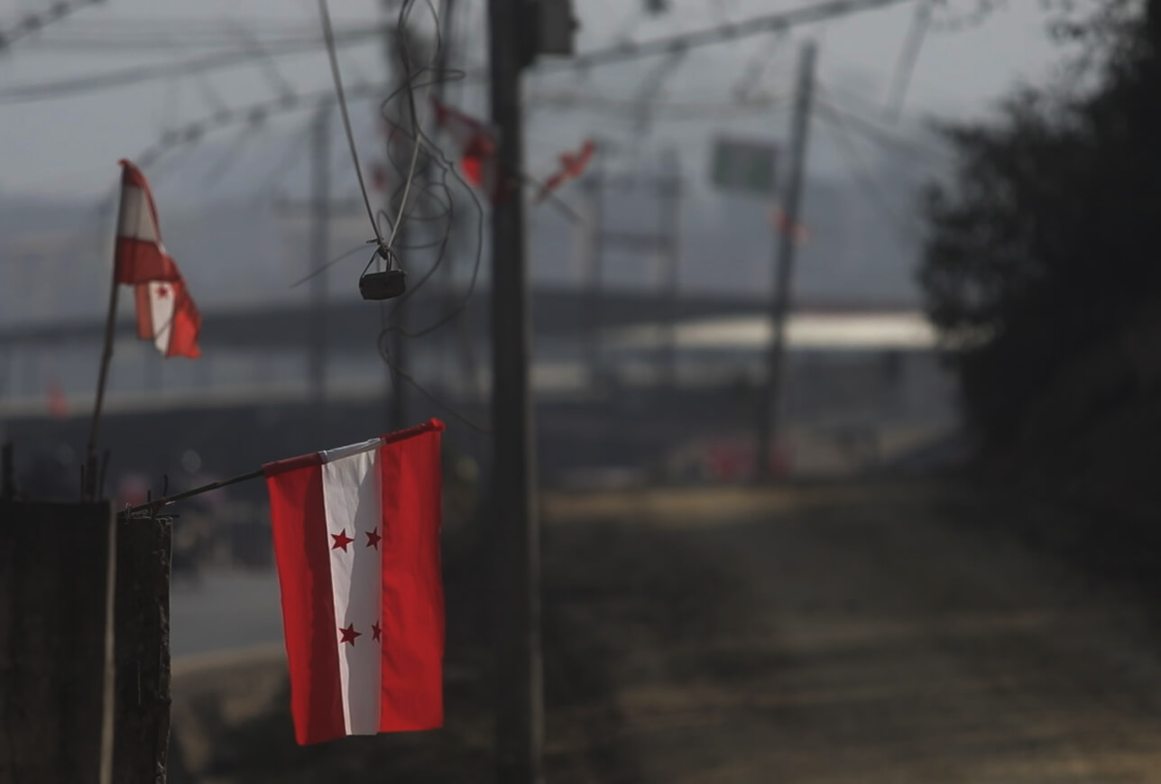 Nepali Congress flags on the foreground with blurred poles at the back.