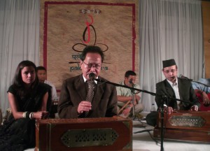 Gurung with Angela Singh and Avas on the Paleti stage on Tuesday. PHOTO: KUNDA DIXIT