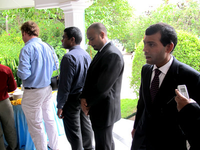 HIS EXCELLENCY: President Nasheed queues up for tea with other participants after announcing his plan to phase out ozone-depleting substances by 2020.