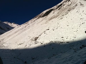 Hundreds of trekkers are still stranded in the Manaslu Circuit (right) where hikers on the trail look like ants amidst the snow cover in a picture taken on Wednesday morning.