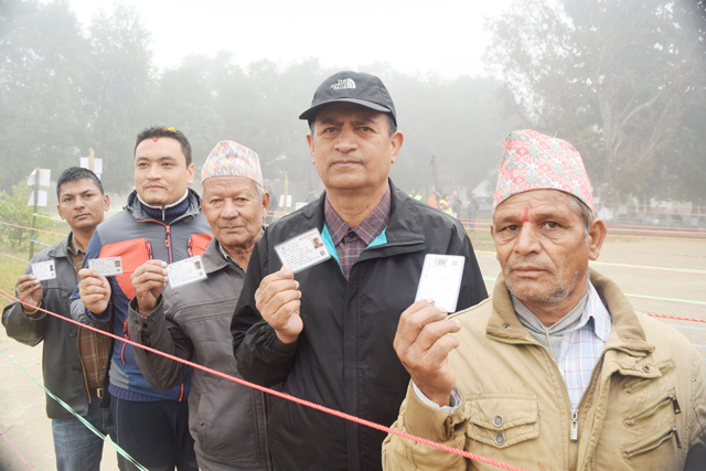 People queue up to cast their vote in Nuwakot. Pic: RSS