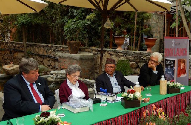 Elizabeth Hawley (second, left) at the launch of her book The Nepal Scene: Chronicles of Elizabeth Hawley 1988-2007 at Dwarika's Hotel a week before the 2015 earthquake. From left: US Ambassador Peter Bodde, Ambassador Bhekh Bahadur Thapa and Kunda Dixit. Photo: Stephane Huet 