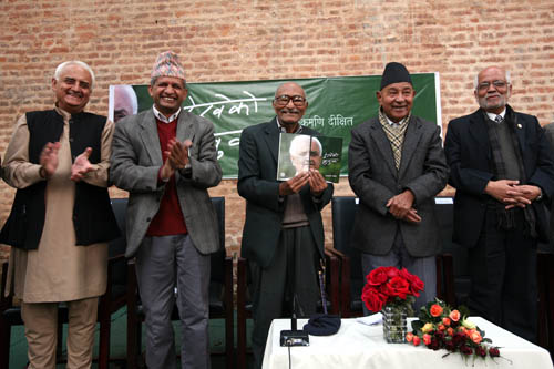 Literary figures gathered at Patan Dhoka for the release of Kanak Mani Dixit's new book "Dekheko Muluk".