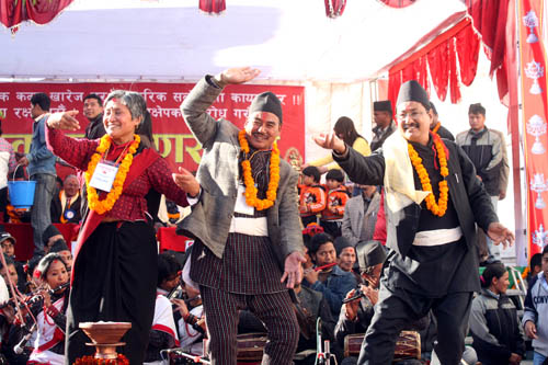 Maoist leader Hisila Yami celebrated the declaration of Newa autonmous federal state in Kathmandu by performing a traditional Newari dance. PHOTO: KIRAN PANDAY