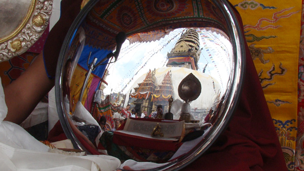 Swayambhu renovation 2010, Kathmandu, Nepal Mirror puja to remove the 'essence' of Swayambhu before renovation work started, 2008