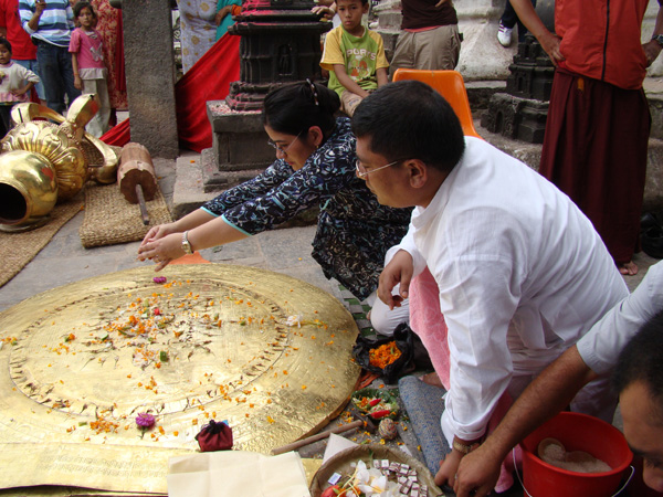 Swayambhu renovation 2010, Kathmandu, Nepal Puja for the reinstallation of the vajra and dharmadhatu mandala before the renovation. July 2008