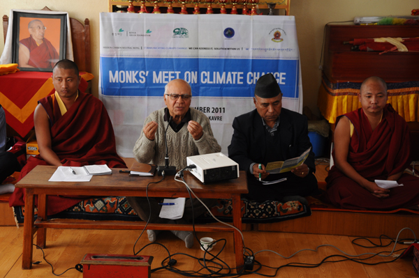 Monks meet for a program to create awareness for global warming at Thrangu Tashi Yangtse Monastery, Kabhre