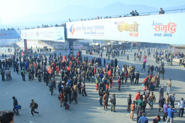 Shops around Ratnapark remain closed and vehicles remained off the  road as strike-enforcers gathered around the area.