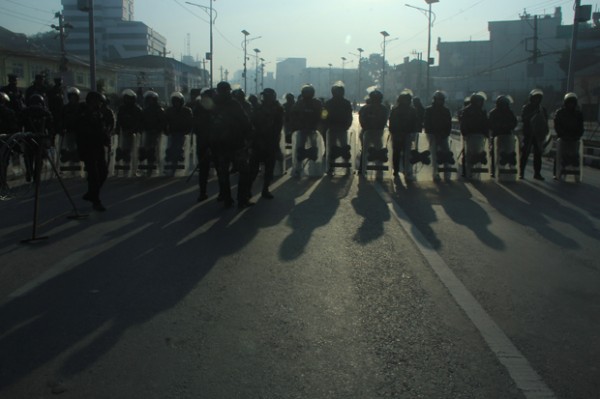 Police barricade the road leading to BICC.