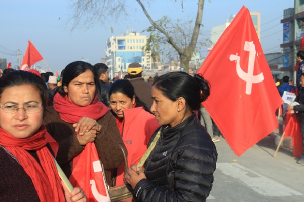Female cadres of UCPN(M) at Baneshwor enforcing the strike.