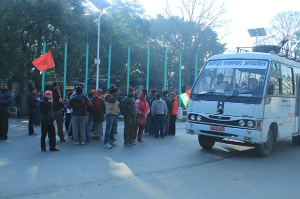 Protesters at Ratnapark let a bus belonging to Bhaktapur Cancer Hospital pass unhindered.