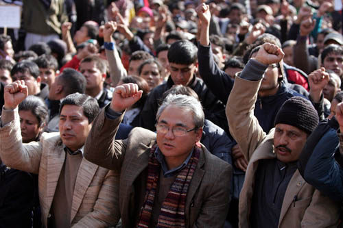 Maoist leaders demonstrate in front of the Indian Embassy on Tuesday protesting Indian Army Chief Deepak Kapoor's visit to Nepal.  