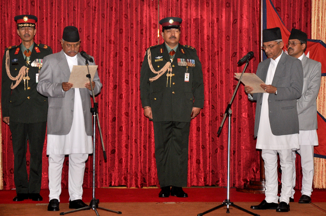Newly appointed Chief Justice Khilraj Regmi being sworn in by President Ram Baran Yadav on friday
