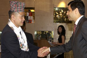 New York City Comptroller John Liu with Gyan Chandra Acharya at the Non-Resident Nepalis Association National Coordination Council (USA) program, held at Intercontinental Hotel, Time Square, New York City on Sunday. SAHARA SHRESTHA