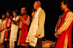 VIVE LE NEPAL: Members of Sukarma line up on stage after their concert in France last week. Dhrubesh Regmi (centre) and Michel Jolivet first from right.