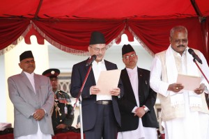 PM Bhattarai administers the oath of office and secrecy to Bijaya Kumar Gachchhaddar in the post of Deputy Prime Minister and Minister for Home Affairs. 