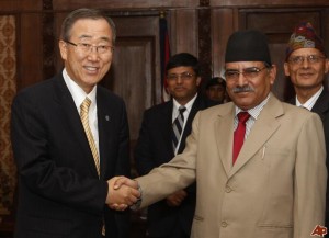 nited Nations Secretary-General Ban Ki-Moon with then prime minister Pushpa Kamal Dahal in Katmandu, during his visit to Nepal in 2008