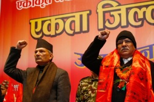 Jan 31 edited PM Baburam Bhattarai and UCPN (Maoist) Chairman Pushpa Kamal Dahal in a meeting at Khula Manch on Wednesday. Photo: Bikram Rai