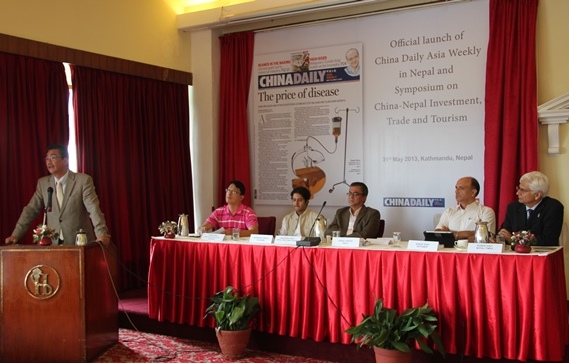 Suraj Vaidya, president of Federation of Nepalese Chambers of Commerce and Industries, talks about Nepal-China Investment, Trade, and Tourism. Panellists (left to right) Zhang Song, Wen Hui News Agency, Bhaskar Koirala, Nepal Institute of International and Strategic Studies,Radhesh Pant, Nepal Investment Board, Sandip Shah, SN Power, and Kunda Dixit, Himalmedia