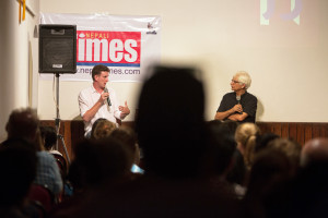 Photographer Nic Dunlop (left) at the 'Burmese Days' talk with Nepali Times editor Kunda Dixit and author Emma Larkin, who requested to not be photographed.