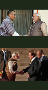 Foreign policy begins with neighbors: Indian Prime Minister Narendra Modi meets Bhutanese Prime Minister Lyonchhen Tshering Tobgay, and Bhutan is set to be his first foreign stop (top); neighbor Pakistan’s Prime Minister Nawaz Sharif, right, traveled to New Delhi to attend Modi’s inauguration