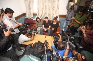 (l-r) Israeli survivors Linor Kajan, Yakov Megreli and Maya Ora. 