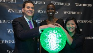 David Miliband, CEO of the International Rescue Committee accepts an award from Waterford Crystal on behalf of his organization, for its work throughout the world.