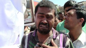 Puja's father Badri Narayan Sah at the protest demanding justice for his daughter