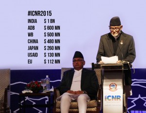 Prime Minister Sushil Koirala addresses an opening ceremony of the International Conference on Nepal’s Reconstruction (ICNR) 'Towards Resilient Nepal' held in the Kathmandu on Thursday. Photo: Kumar Shrerstha, RSS