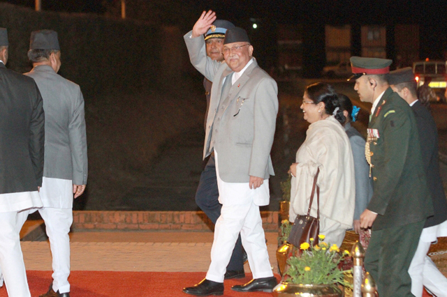 Prime Minster KP Oli returns after his six-day visit to India at Tribhuvan International Airport on Wednesday. Photo: RSS