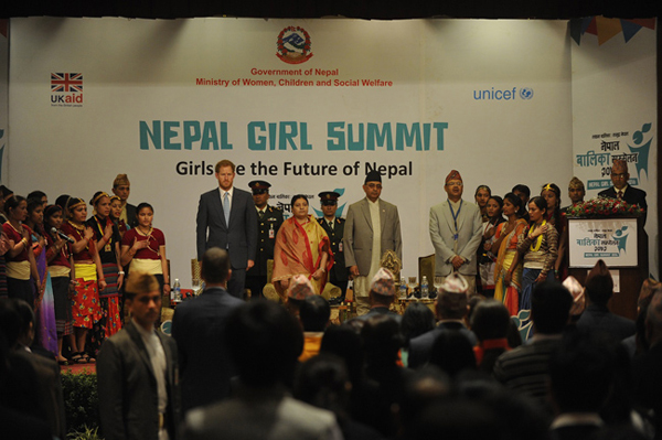 Rt. Hon President Mrs. Bidhya Devi Bhandari along with Prince Harry, other dignitaries as well as adolescents at the Inaugural Session of the Nepal Girl Summit