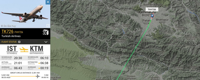 Arrival of TK726 in Kathmandu on Wednesday morning 