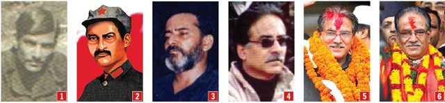 When the war started in 1996, no one had heard of Prachanda. There was only a rare faded photograph of him from the 1970s while he was a young teacher in Gorkha (1). By 2000, a drawing of a man in a turtleneck sweater started appearing in pamphlets and newspapers. Based on various images, Nepali Times cartoonist Subhas Rai even made a likeness of the man from an artistic imagination (2). Then the army got hold of a group photo from a captured Maoist in 2001 that had a bearded Prachanda (3). In later photographs he is seen looking a bit like Omar Sharif (4). Pushpa Kamal Dahal after winning in the 2008 elections (5). And on Wednesday after winning the vote in parliament to be prime minister for the second time (6). 