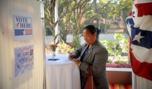 Speaker Onsari Gharti Magar casts her vote during a mock election held at the US Ambassador's residence in Kamalpokhari on Wednesday. Pic: Keshav Thoker 
