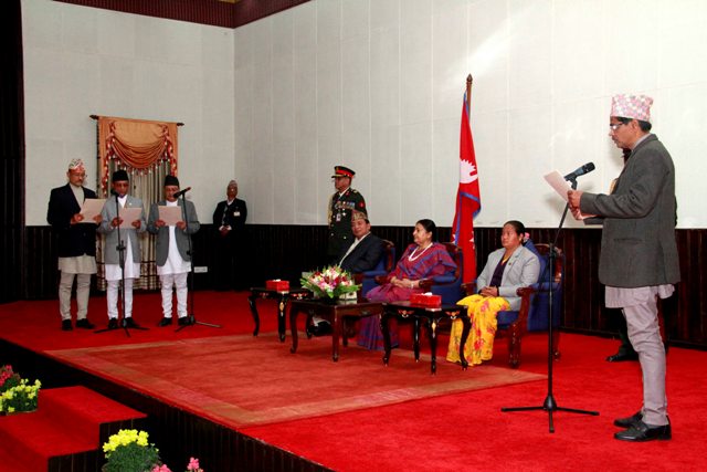 The three newly-appointed Election Commissioners at their swearing-in ceremony at Shital Niwas on Thursday. With their entry, the Election Commission has finally got a full shape as the country readies for possible polls. Photo: RSS