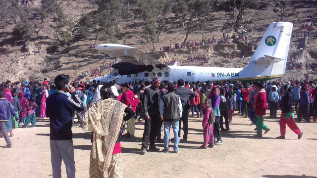 Tara Air flight carrying 14 passengers lands at Suntharali airfield on Sunday. The airfield which was under-construction from 1985 was a Maoist battlefield during the war. Photo: Yeti Airlines.
