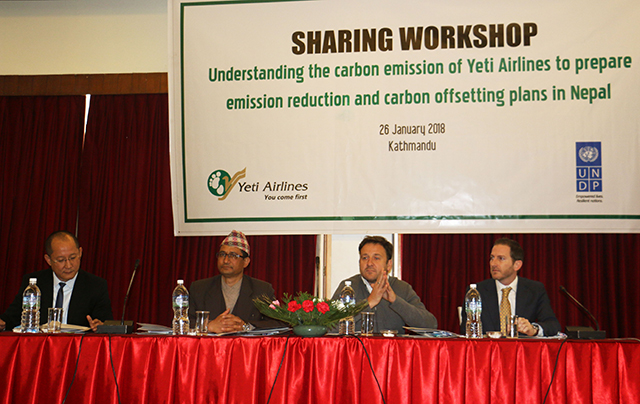 Umesh Chandra Rai, CEO of Yeti Airlines,Director General of Civial Aviation Authority of Nepal Sanjeev Gautam, UNDP Nepal Country Director Renaud Meyer and Mitch Hall (left to right) in an event to mark Carbon Neutrality Partnership between Yeti Airlines and UNDP on Friday in Kathmandu.  Pic: Yeti Airlines